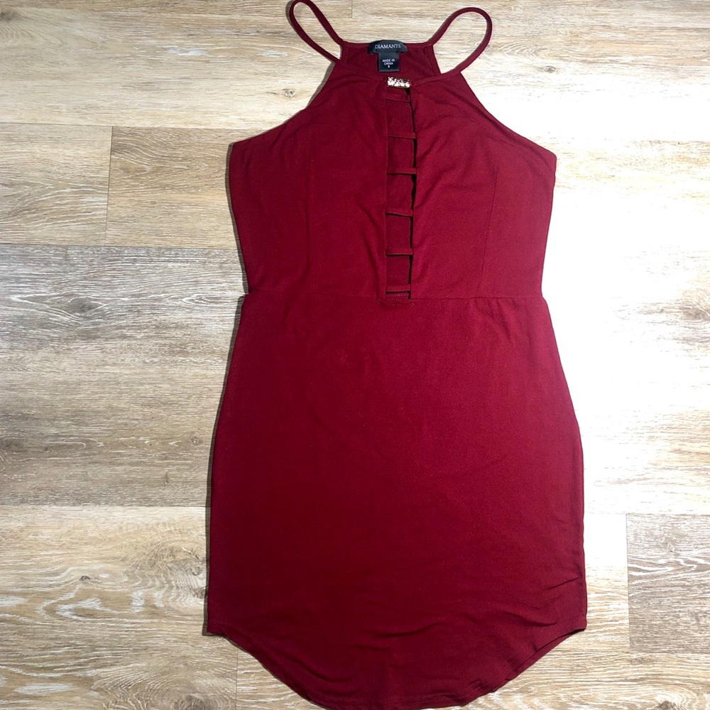 Diamanté Red Polyester & Spandex Dress Size Small